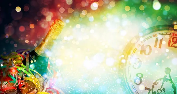 Saudações Para Ano Novo Com Champanhe Relógio Conceito Para Celebrações — Fotografia de Stock
