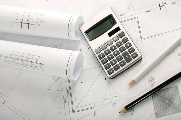 Architectural Blueprints Pencil Architecture Blueprints Calculator — Stock Photo, Image