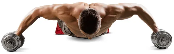 Muskularny Mężczyzna Robi Ciężkie Ćwiczenia Hantlami Studio Zdjęcie Stockowe