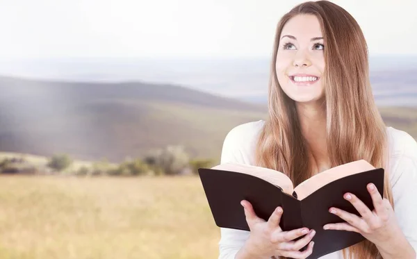 Young Woman Reading Book Background Close Stock Image