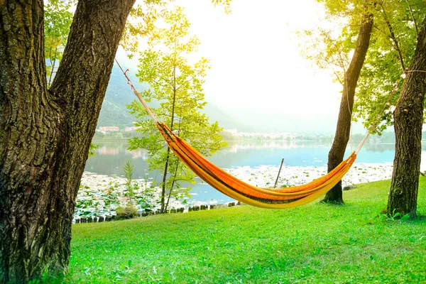 Orange Hammock Tied Trees Lake Relax — Stock Photo, Image