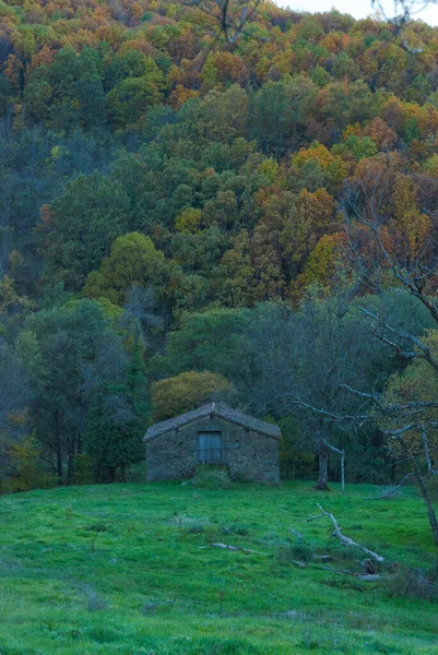 Casa Campo Piedra Para Destacamentos Otoño Paisaje Atardecer Vertical Ambroz —  Fotos de Stock