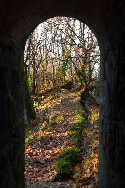 Arka planda sonbahar manzaralı dar taş geçit tüneli