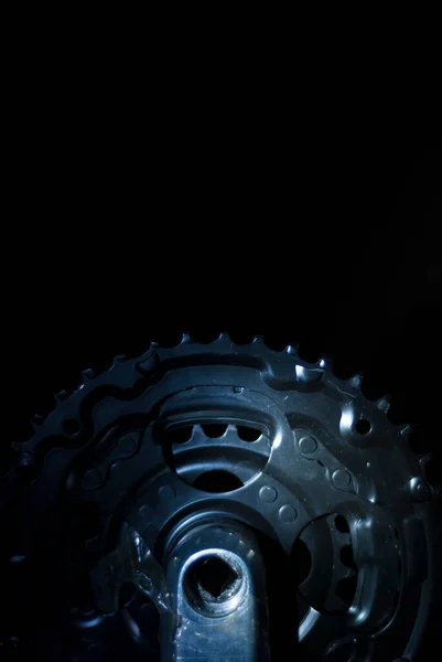 Backlit Black Mountain Bike Chainrings Black Background — Stock Photo, Image