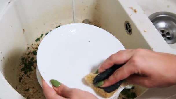 Fiatal nő mossa az edényeket a piszkos mosogatóban otthon konyha, lassú mozgás — Stock videók
