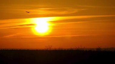 Gökyüzünde Gün Batımının Zamanı, Büyük Parlak Sarı Güneş Ufuk 'un Altında İlerliyor