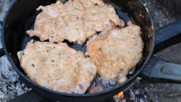 Chuletas de cerdo frito en aceite en una sartén sobre fuego al aire libre, cocinar carne grasa — Vídeo de stock