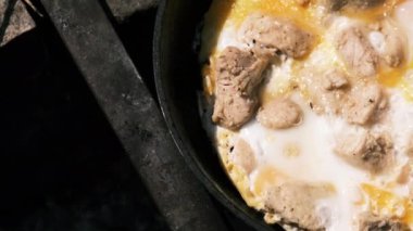 Turist Kampı Kızartma Tavasında Tavuklu Çırpılmış Yumurta, Doğa