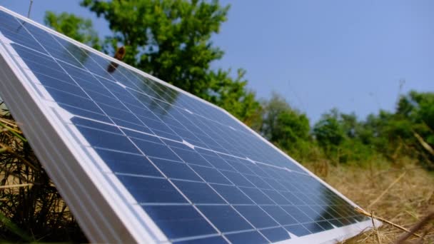 Panel solar portátil montado en el suelo y generando energía al aire libre — Vídeos de Stock