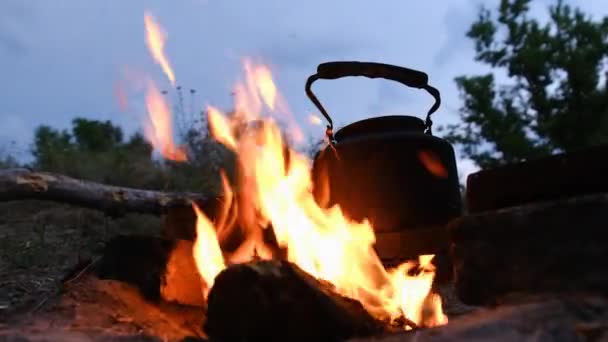 Antiguo hervidor de agua de pie en la hoguera con llamas en el campamento turístico en Crepúsculo — Vídeo de stock