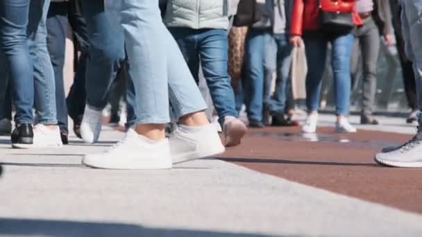 Nohy davu lidí kráčejících po ulici, Detailní záběr nohou lidí, Pomalý pohyb — Stock video