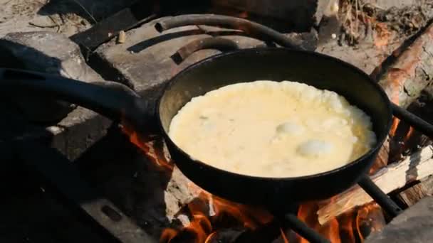 Koka en omelett på en lägereld i en turiststekpanna i naturen, Slow Motion — Stockvideo