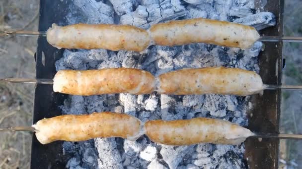 Kolbász a Skewers főzött a hordozható grill szabadban, közelről, Grill — Stock videók