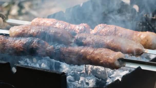 Les saucisses sur les brochettes sont cuites sur le barbecue portable extérieur, Gros plan, Barbecue — Video