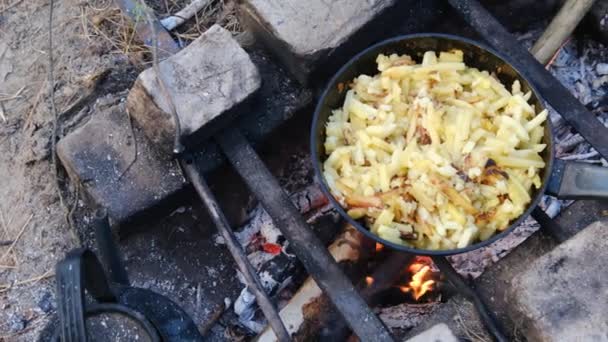 揚げジャガイモは自家製ストーブの上の火の屋外でフライパンで調理しています — ストック動画