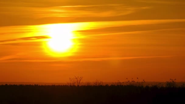 Pôr do sol no céu, grande sol amarelo brilhante se move para baixo no horizonte — Vídeo de Stock