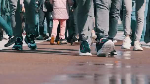 Benen van menigte Mensen die op straat lopen, Close-up van mensenvoeten, Slow Motion — Stockvideo