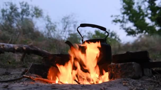 Antiguo hervidor de agua de pie en la hoguera con llamas en el campamento turístico en Crepúsculo — Vídeo de stock