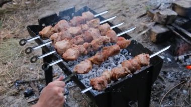 Şiş kebaplar ızgarada pişiyor, Shashlik barbeküde.