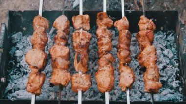 Şiş kebaplar ızgarada pişiyor, Shashlik barbeküde.