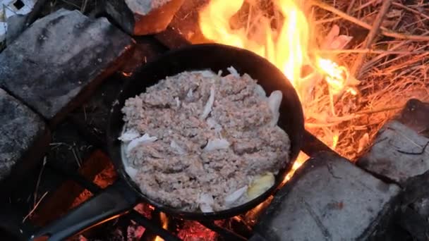 Œufs de cuisson à la viande de poulet, Porridge sur feu de camp touristique poêle, nature — Video