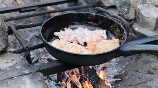 Costeletas de porco fritas em óleo em uma frigideira ao ar livre, cozinhando carne gorda — Vídeo de Stock