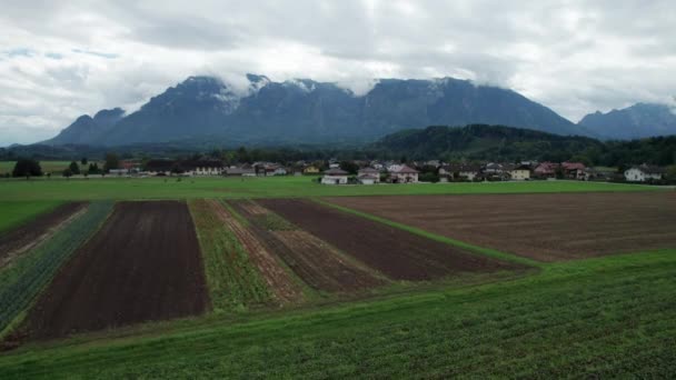 Zöld mezők légi kilátása Ausztriában a hegyek közelében a felhőkben — Stock videók