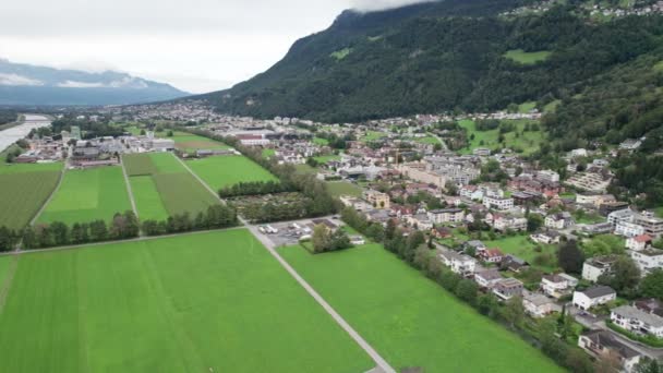 Liechtenstein with Houses on Green Fields in Alps Mountain Valley, Aerial View — Stock Video