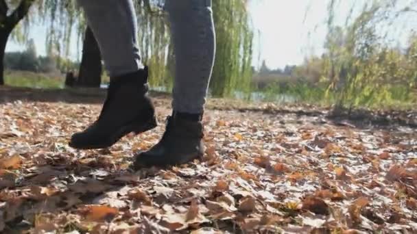 Naispuoliset jalat kävelemässä syksyn lehtiä puistossa hitaalla liikkeellä — kuvapankkivideo