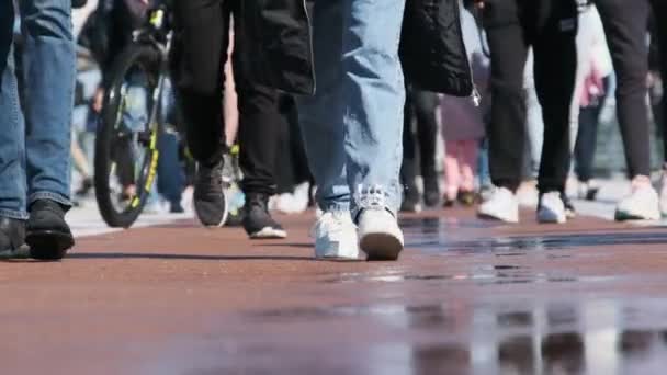 Ben av folkmassa människor promenader på gatan, närbild av människor fötter, Slow Motion — Stockvideo