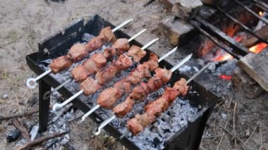 Şiş kebaplar ızgarada pişiyor, Shashlik barbeküde.