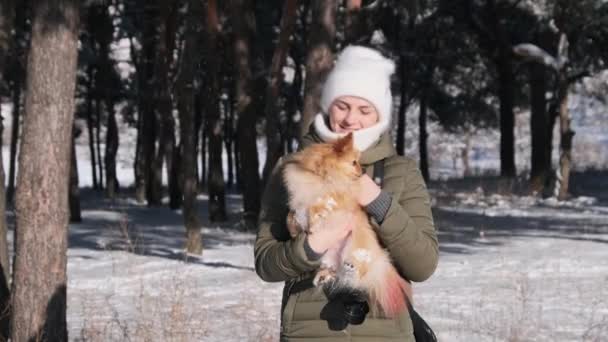 Linda chica joven sostiene perro mascota de la raza Spitz en sus brazos en el bosque de invierno — Vídeo de stock