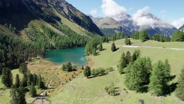 Vista aérea Mountain Valley com Alpine Palpuogna Lake em Albulapass, Alpes suíços — Vídeo de Stock