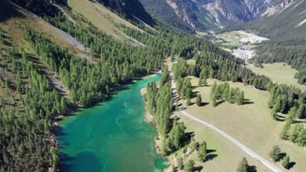 Aerial View Mountain Valley with Alpine Palpuogna Lake in Albulapass, Swiss Alps — Stock Video