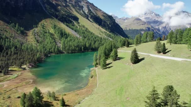 Flygfoto Mountain Valley med Alpine Palpuogna Lake i Albulapass, schweiziska Alperna — Stockvideo