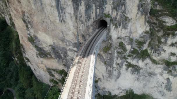 Widok z lotu ptaka na wiadukt Landwassera w Alpach Szwajcarskich latem — Wideo stockowe