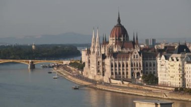 Panoramic View of Parliament Building in Budapest near Danube River at Sunset