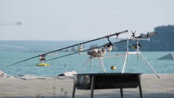 Cañas de pescar Stand on the Rod by the Pond, Pesca junto al agua en el día de verano — Vídeo de stock