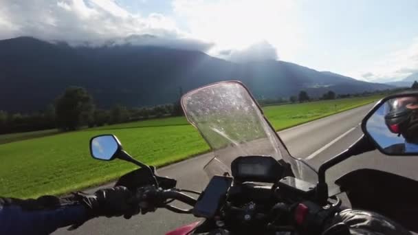 POV Biker Rides a Motorcycle on a Scenic Sunny Mountain Road, Austria — Αρχείο Βίντεο