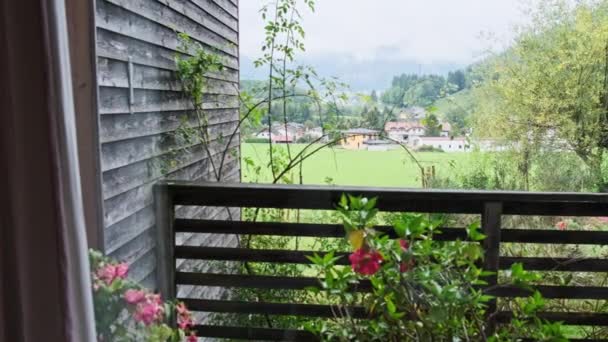 Австрійський сільський ландшафт з горами, будинками та зеленими травами — стокове відео