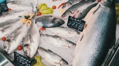 Birçok Taze Deniz Balığı Buz Üstünde Yatar Süpermarket Vitrininde, Donmuş Deniz Ürünleri