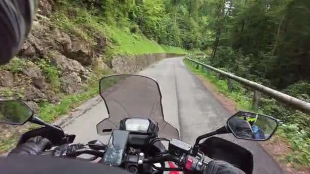 POV Biker Rides Motorcycle on Scenic Narrow Alpine Mountain Road, Λιχτενστάιν — Αρχείο Βίντεο
