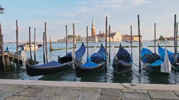 Góndolas vacías atracadas en pilotes de madera, Venecia, Italia. — Vídeos de Stock