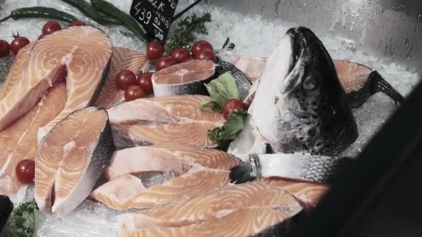 Composition of Trout and Salmon Steaks Lies on Ice in Showcase of Supermarket — Αρχείο Βίντεο