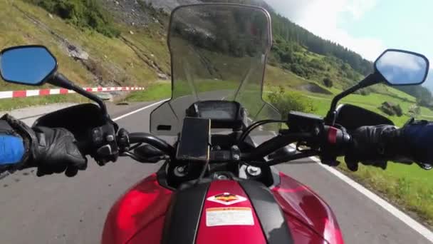 POV Biker Rides on Motorbike by Scenic Green Mountain Road, Swiss Alp, Moto Trip — Stock Video