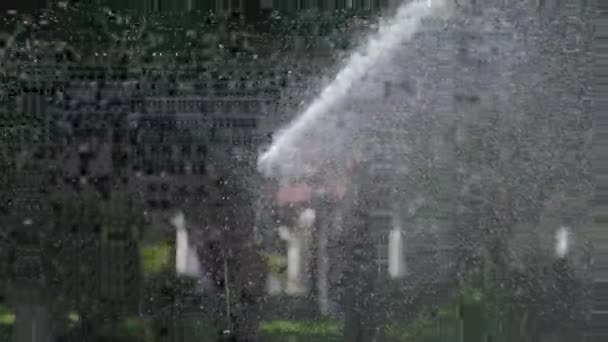 Rasenregner im Grünen Garten gießt Gras in Zeitlupe — Stockvideo