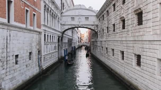 Узкие каналы Венеции с гондолами, плавающими на воде между красочными домами — стоковое видео
