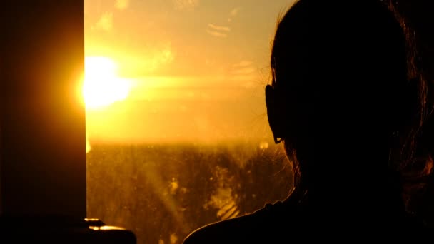 Silhouette di una giovane donna che guarda fuori dalla finestra al tramonto, movimento lento — Video Stock