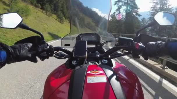 POV Biker Rides on Motorbike by Scenic Green Mountain Road, Swiss Alp, Moto Trip — Stock Video