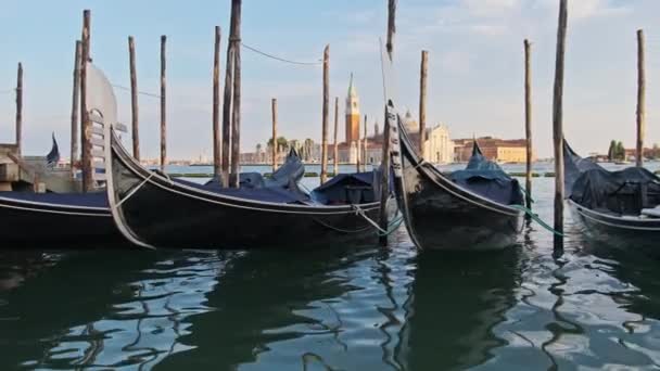 Пристыкованные пустые гондолы на деревянных сваях, Венеция, Италия. — стоковое видео